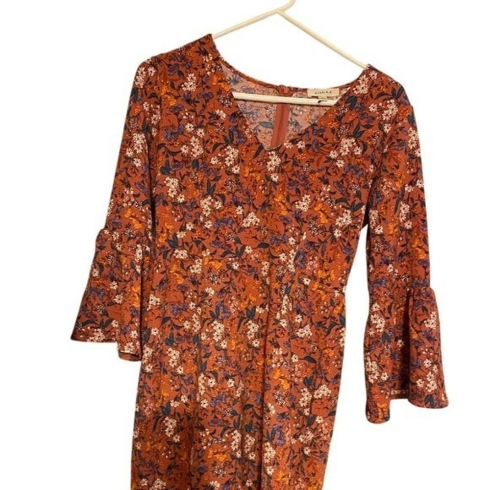 Gilli Floral Print Bell Sleeve Dress Rust Orange V Neck Fall Autumn
